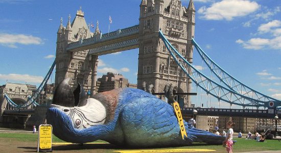 Monty Python Dead Parrot statue near Tower Bridge in July 2014 - image (resized) courtesy of David Holt