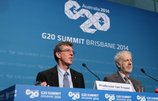 Global Café Chair (and CEO of the Translational Research Institute) Professor Ian Frazer (L) speaks at a press conference - Photograph by Penny BradfieldG20 Australia