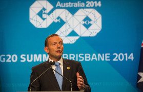 Australian Prime Minister Tony Abbott, addresses the media at the completion of the G20 Leaders Summit. Photograph courtesy of Photograph by Andrew Taylor and G20 Australia