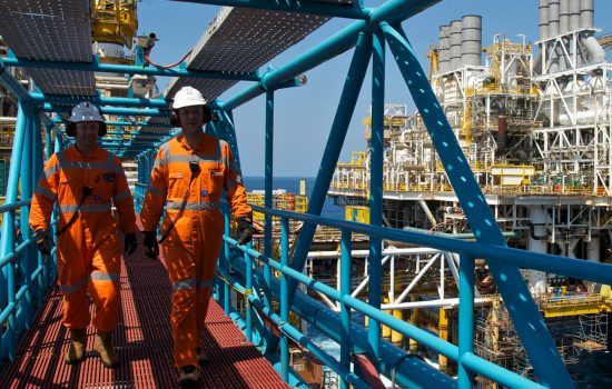 Workers on the ConocoPhilips Bayu Undan facility in the Timor Sea, Australia
