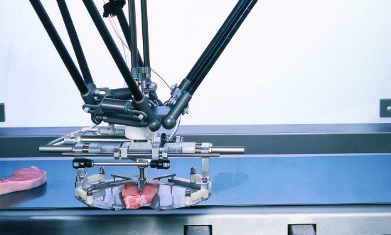 A factory line robotic limb picks up some meat