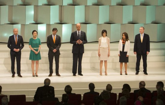 Dr Kurt Bock and six BASF employees from around the world welcome the guests at BASF’s 150th Anniversary Event - image courtesy of BASF.