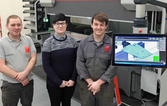 L to R: Lewis Wale, engineering apprentice; Liz Hughes, apprentice administrator; and Joshua Smith, engineering apprentice (all Bystronic UK).