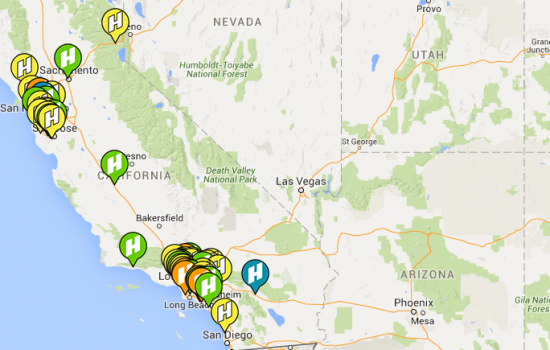 Currently there are 20 retail hydrogen refuelling stations that make up the California Hydrogen Highway - image courtesy of California Fuel Cell Partnership and Google Maps