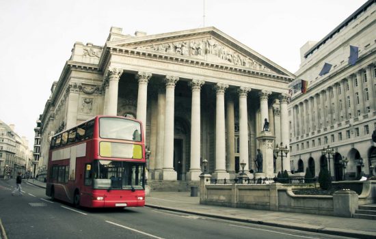 Red london bus city architecture uk Bank of England - image courtesy of Depositphotos.