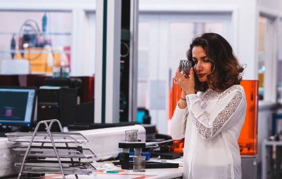 3D development engineer Hanifeh Zarezadeh is a jewellery specialist and developer of the Liquid Crystal Precision 3D printer, an ideal printer for the jewellery industry. Shown here, Zarezadeh is examining the quality, performance and reliability of jewellery 3D prints.