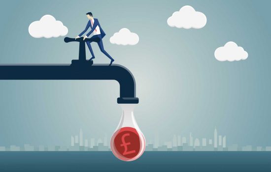 Finance Working Capital Cash Flow - Business man squeezing one British Pound out of a money pipeline - image courtesy of Depositphotos.