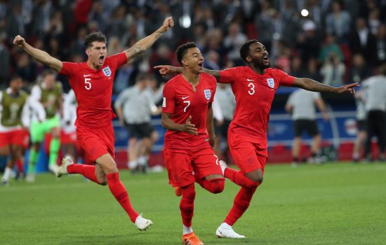 world cup 2018 - England team celebrates victory at end of the Round-16 Fifa World Cup Russia 2018 football match between COLOMBIA VS ENGLAND in Spartak Stadium - image courtesy of Marco Iacobucci EPP / Shutterstock.com