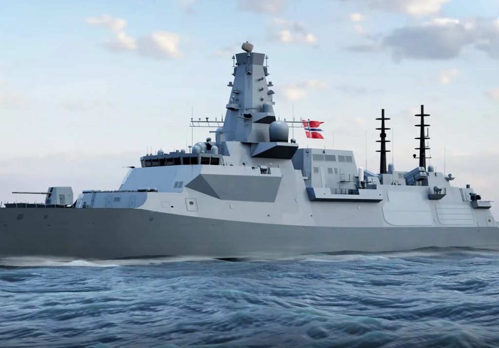 Computer Generated image of a Type 26 warship with Norwegian flag.