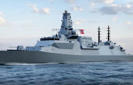 Computer Generated image of a Type 26 warship with Norwegian flag.