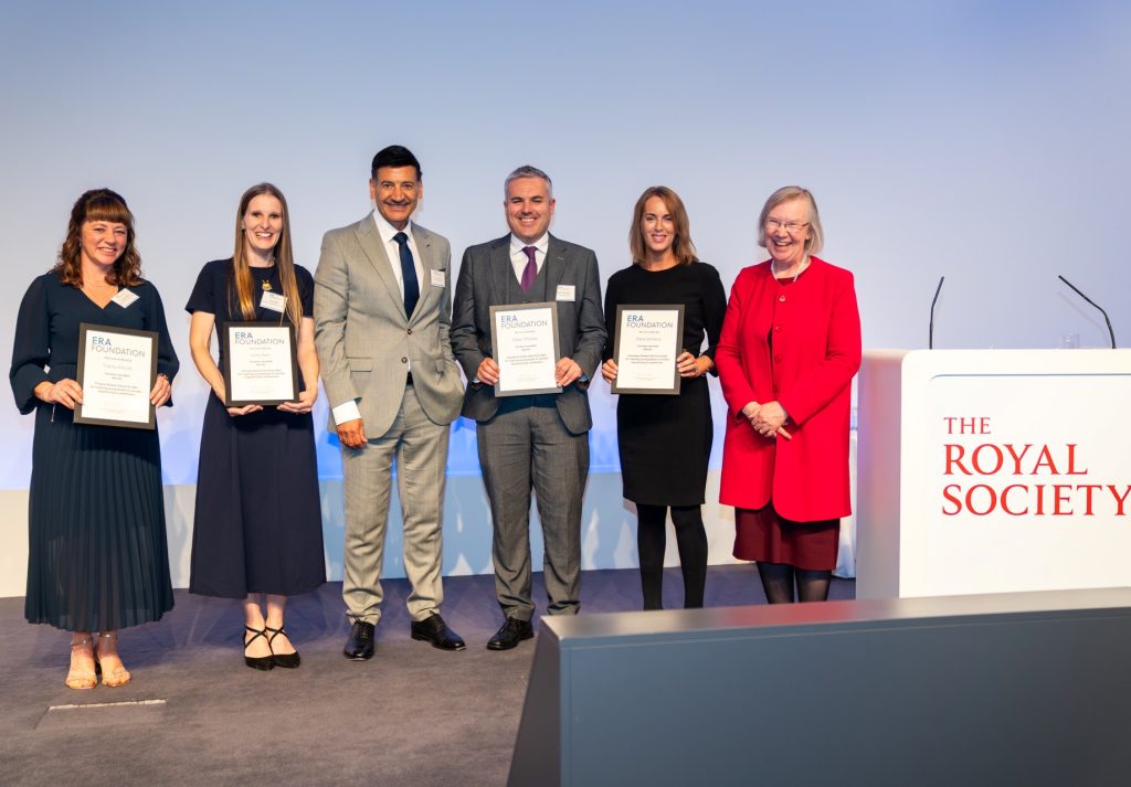 Four winning teachers of the 2025 Clark Prize: Tracey Ellicott, Lucy Hart, Dewi Thomas and Clare Doherty, with Prof Al-Shashjmi and Dame Helen Atkinson.