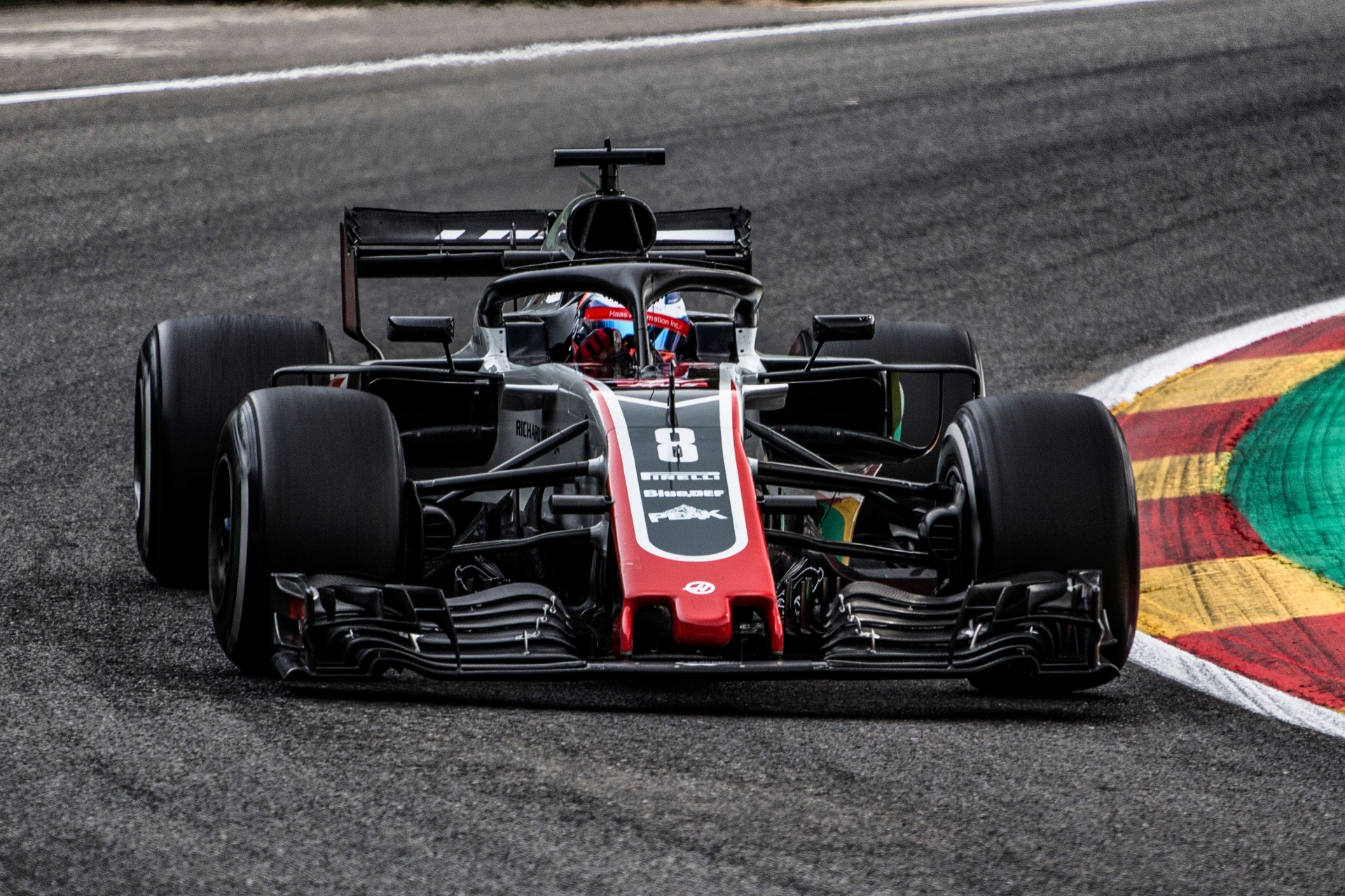 Romain Grosjean driving the VF-18 in 2018. Haas finished the season in 5th place, the team's best finish to date