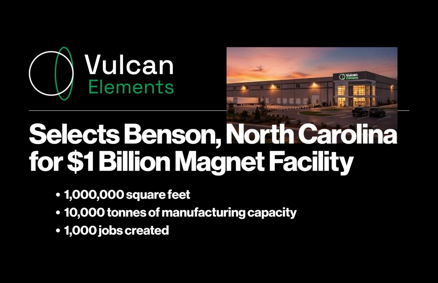 Vulcan Elements to build $918m magnet plant in North Carolina, creating 1,000 jobs